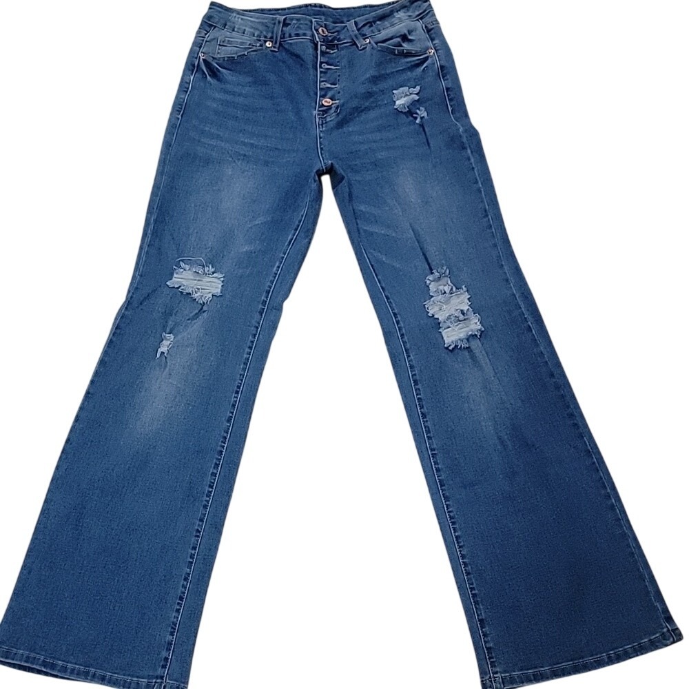 Womens Distressed‎ High Rise Wide Leg Jeans Medium Blue Button Fly Size M
